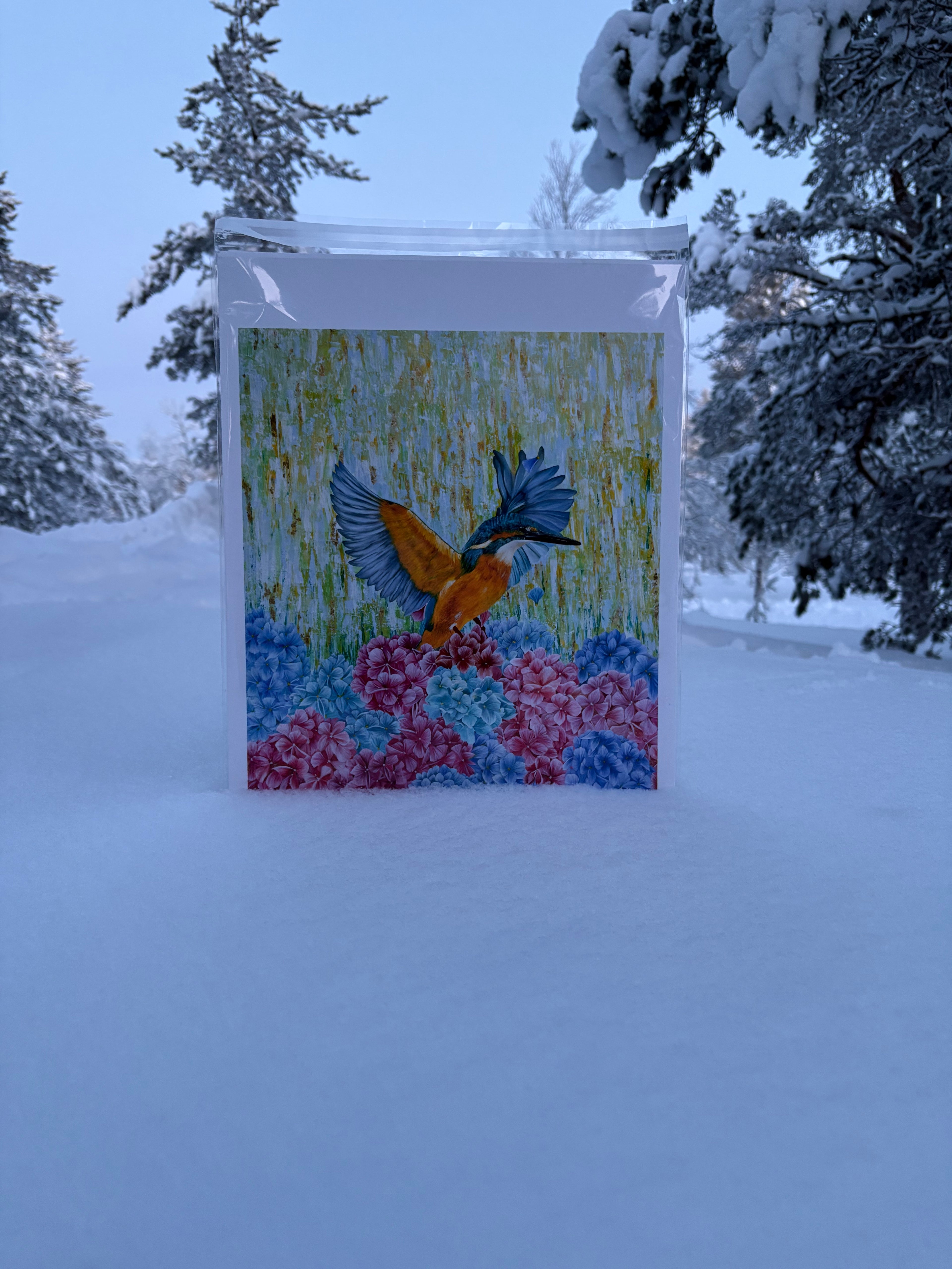 Limited edition hand embellished gold leaf kingfisher and hydrangea fine art print