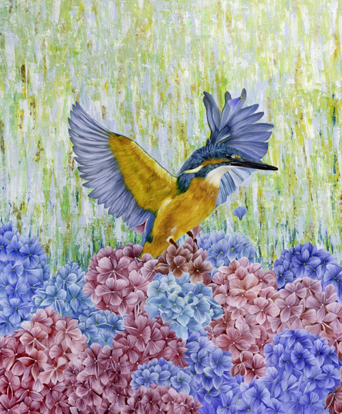 Limited edition hand embellished gold leaf kingfisher and hydrangea fine art print